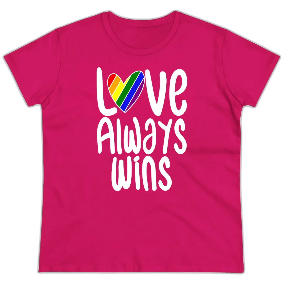Love Always Wins Pride Heart Ladies Tee in Heliconia