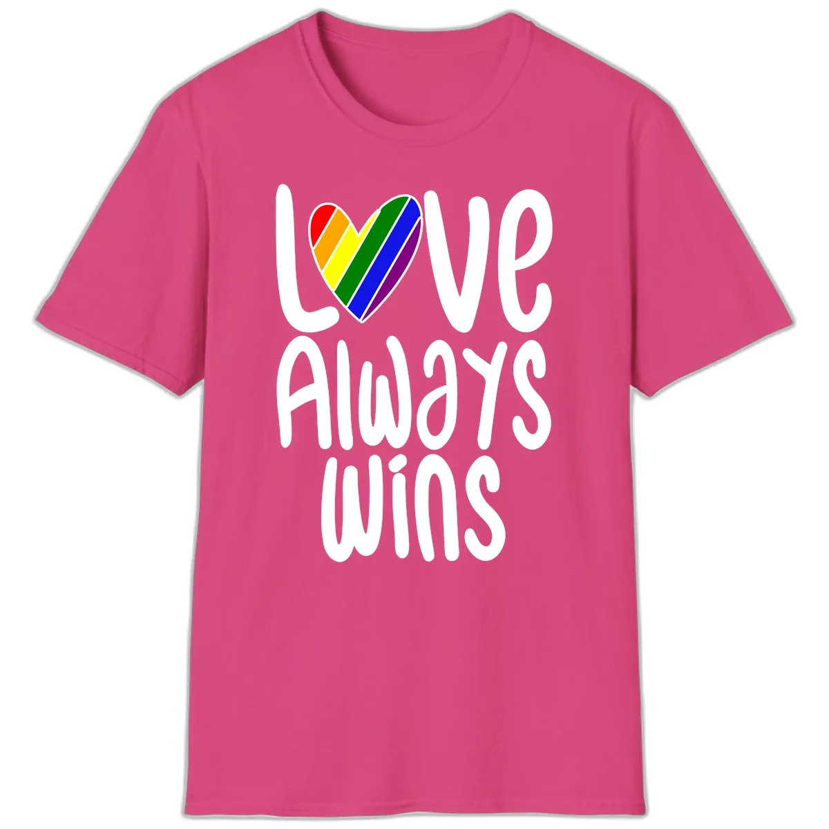 Love Always Wins Pride Heart T-Shirt in Heliconia