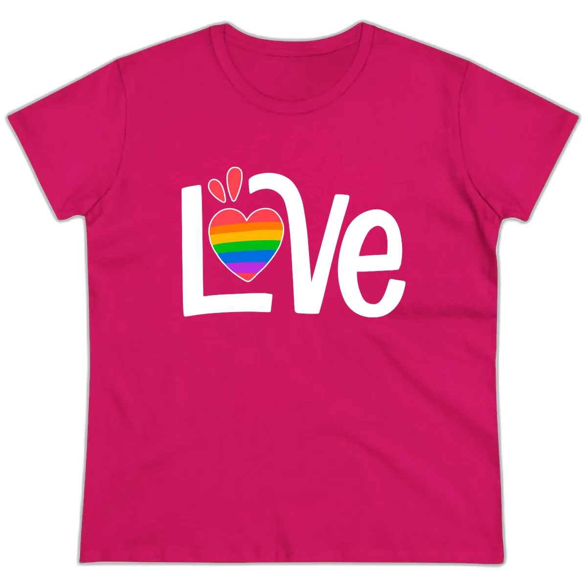 Love Pride Rainbow Heart Ladies Tee in Heliconia