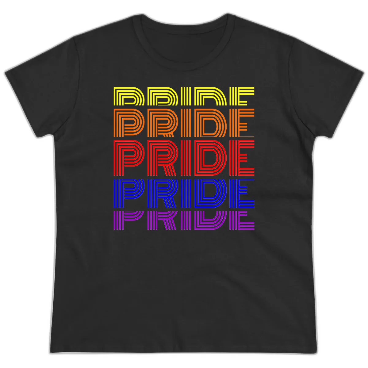 Rainbow Pride Repeating Text Design Ladies Tee in Black