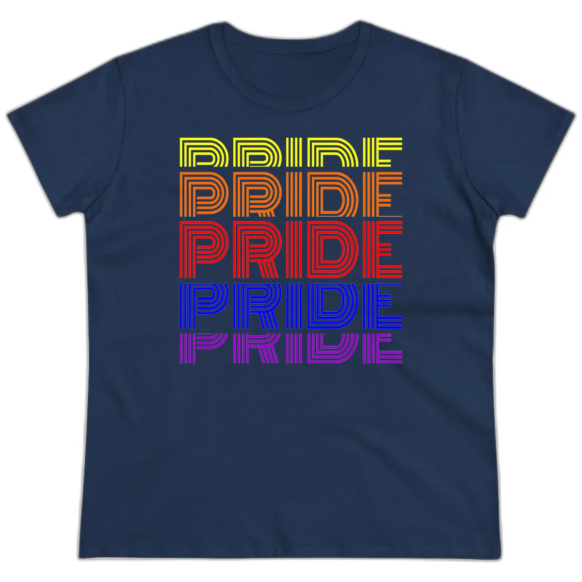 Rainbow Pride Repeating Text Design Ladies Tee in Navy