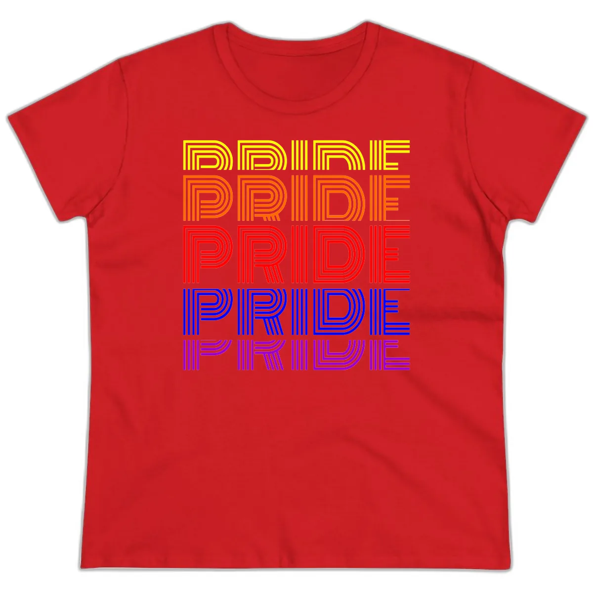 Rainbow Pride Repeating Text Design Ladies Tee in Red