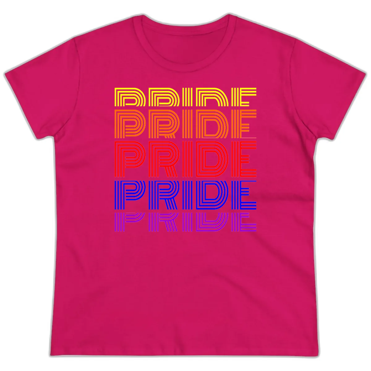 Rainbow Pride Repeating Text Design Ladies Tee in Heliconia