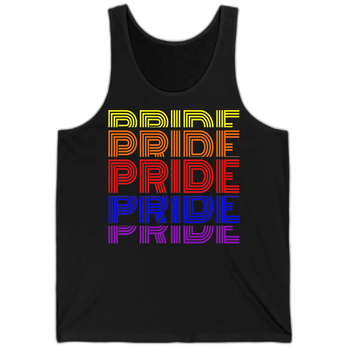 Rainbow Pride Repeating Text Design Tank in Black