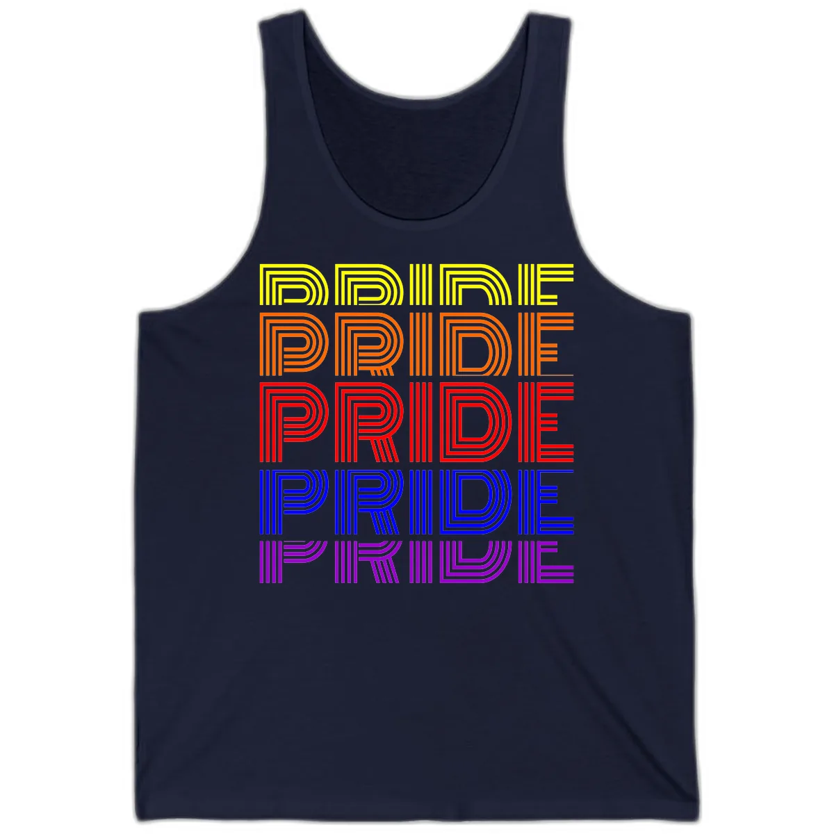 Rainbow Pride Repeating Text Design Tank in Navy