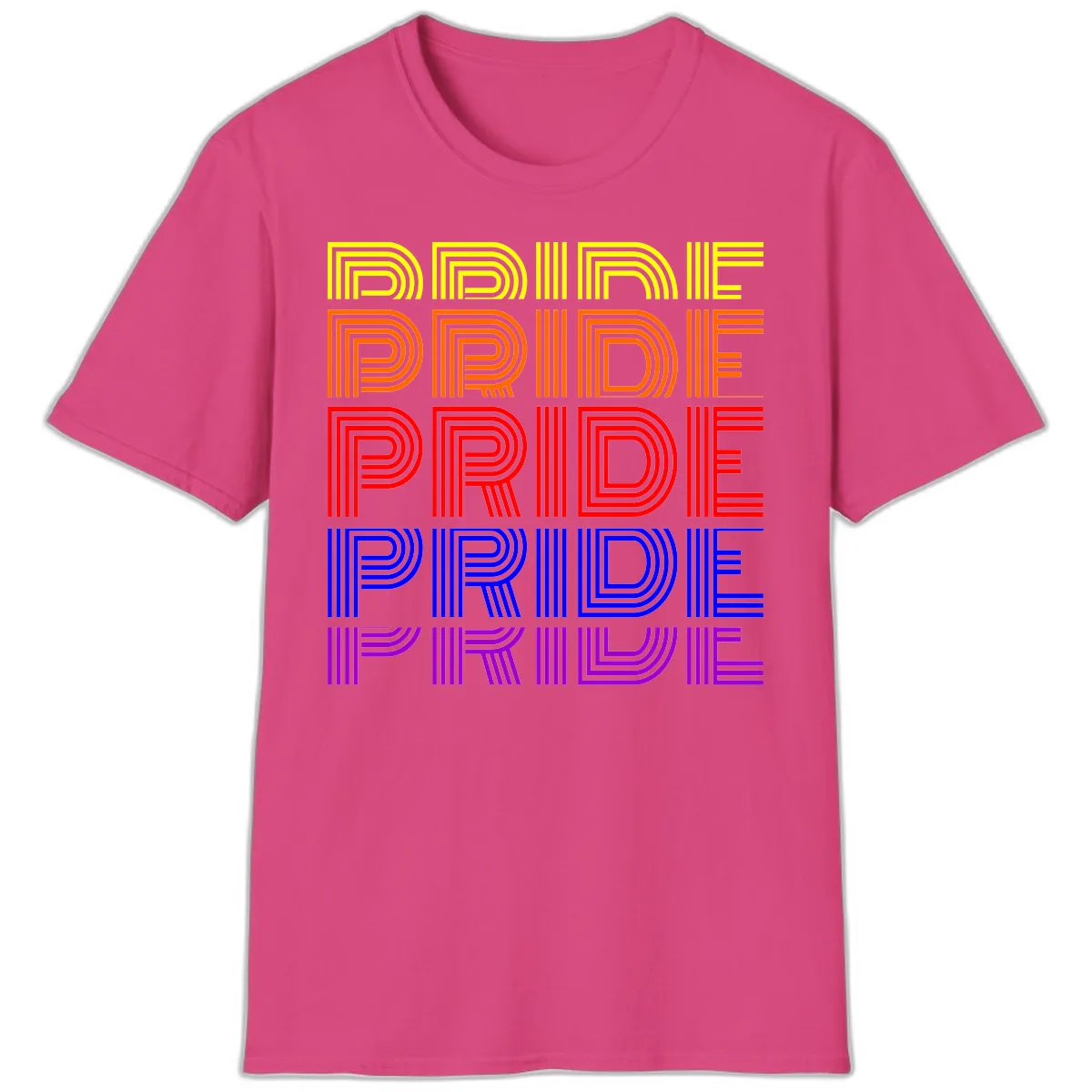 Rainbow Pride Repeating Text Design T-Shirt in Heliconia