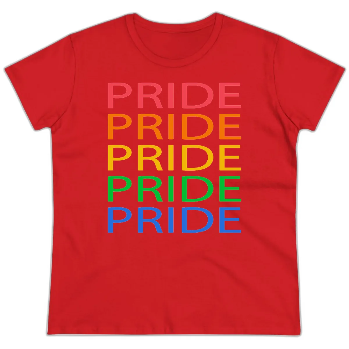 Rainbow Pride Repeating Text Ladies Tee in Red