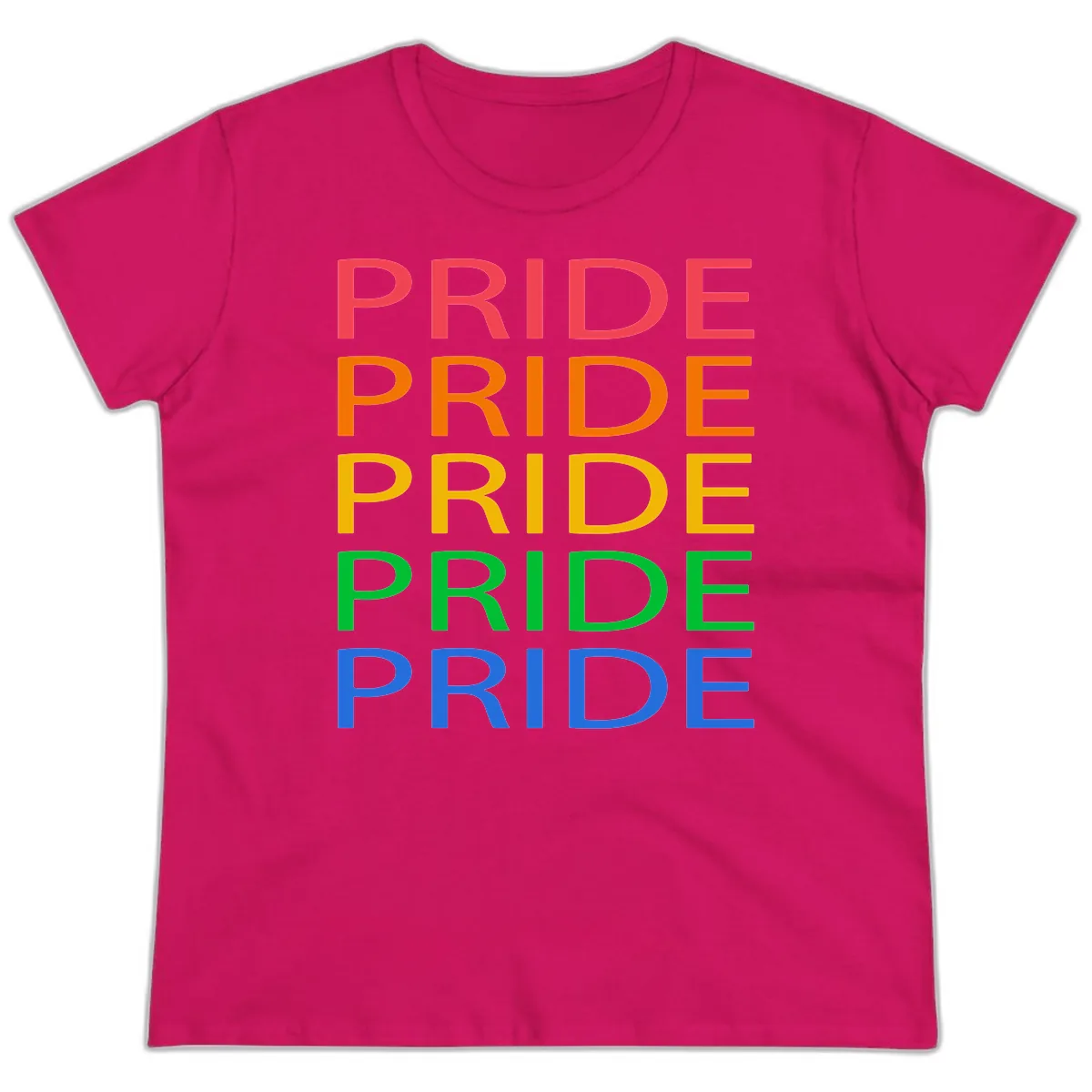 Rainbow Pride Repeating Text Ladies Tee in Heliconia