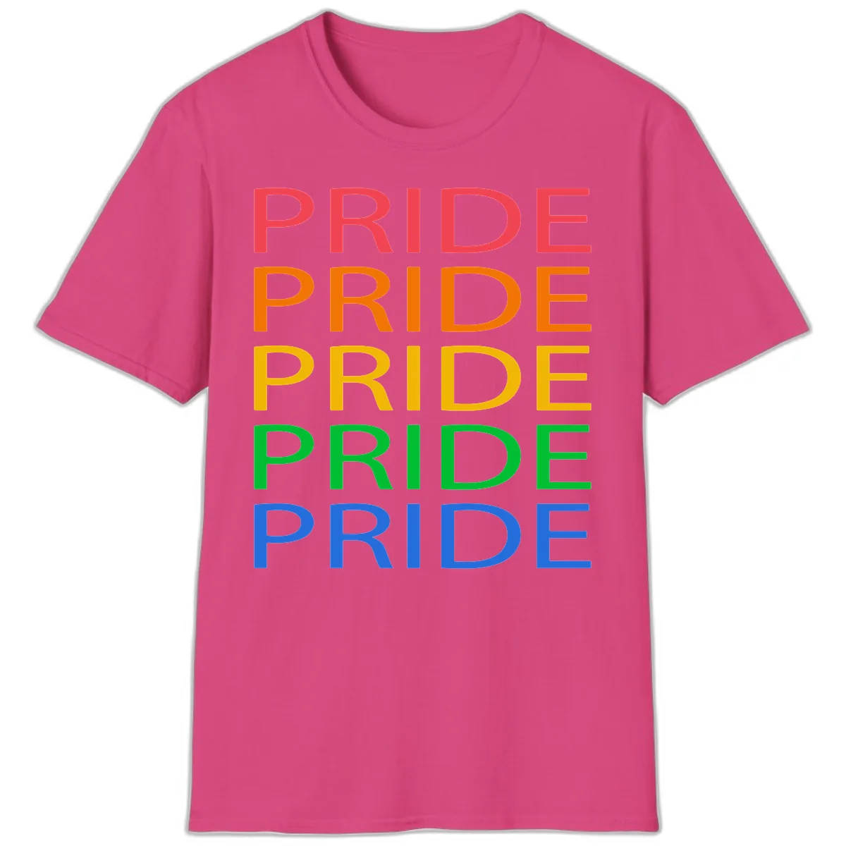 Rainbow Pride Repeating Text T-Shirt in Heliconia