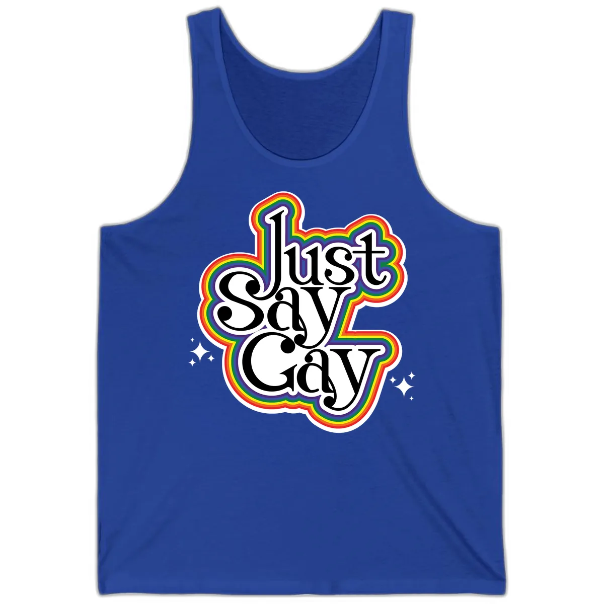 Just Say Gay Pride Rainbow Tank in True Royal