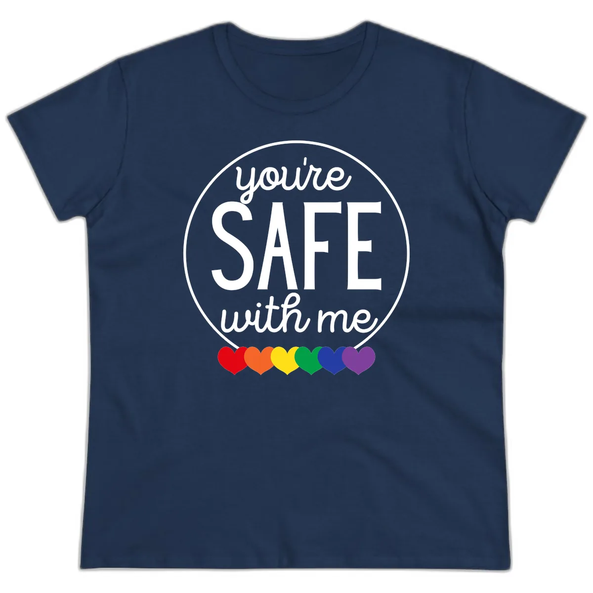 You're Safe With Me Pride Ladies Tee in Navy