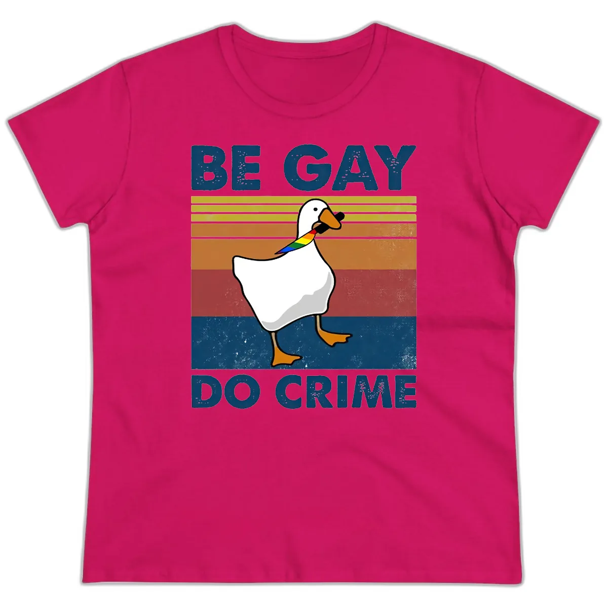 Be Gay Do Crime Duck Pride Ladies Tee in Heliconia