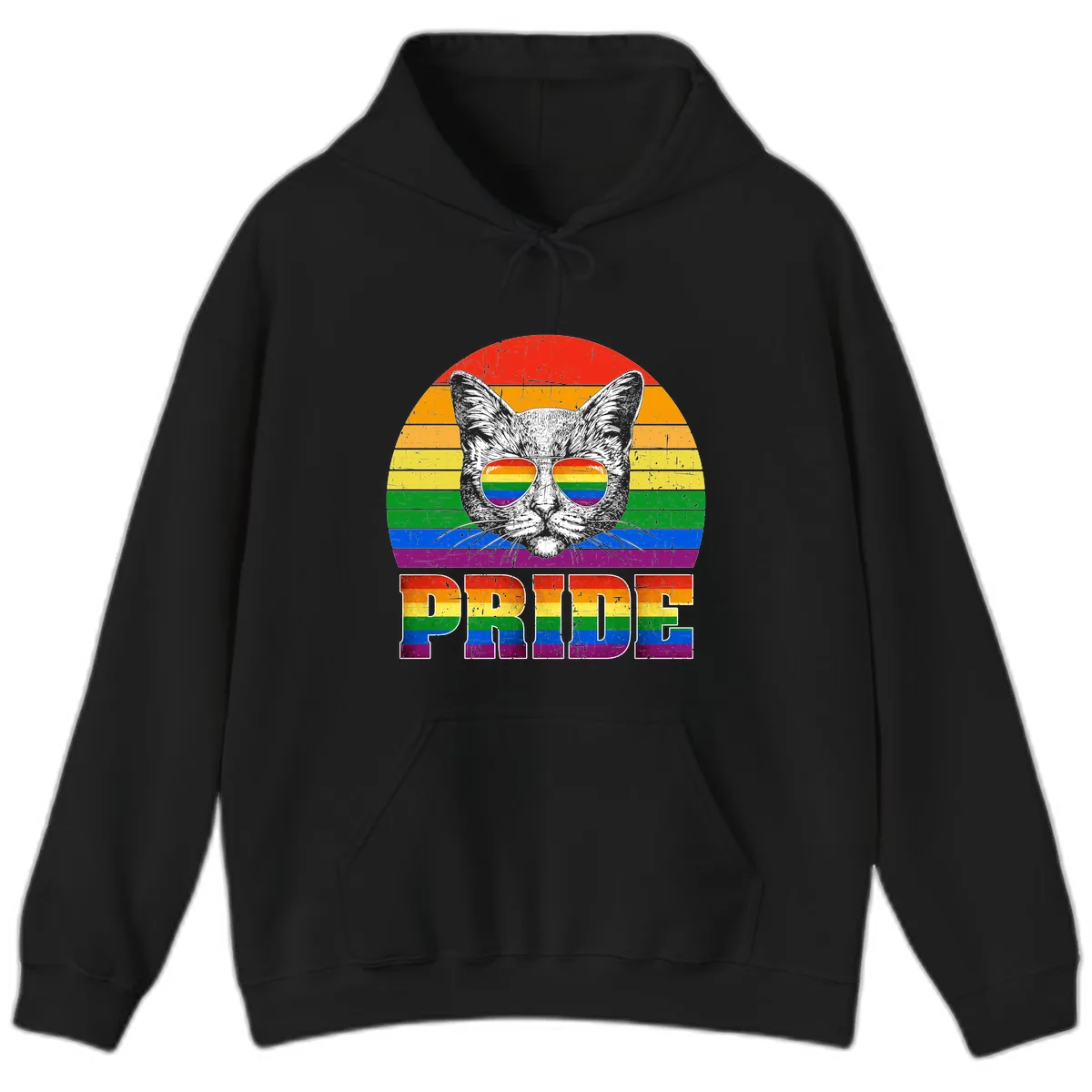 Pride Cat Cool Sunglasses Rainbow Hoodie in Black