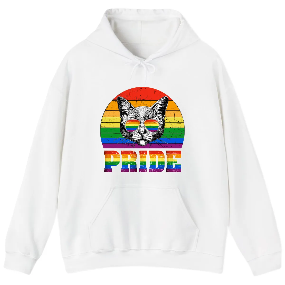 Pride Cat Cool Sunglasses Rainbow Hoodie in White