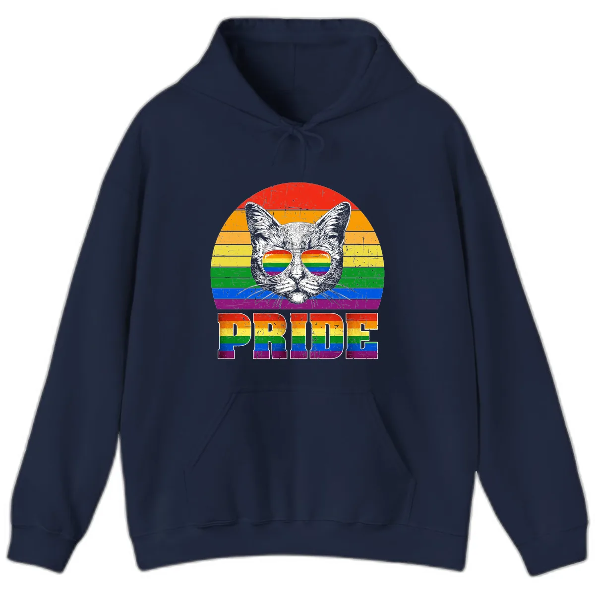 Pride Cat Cool Sunglasses Rainbow Hoodie in Navy
