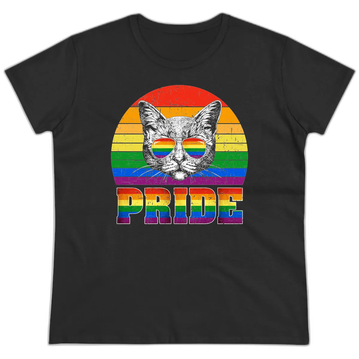 Pride Cat Cool Sunglasses Rainbow Ladies Tee in Black