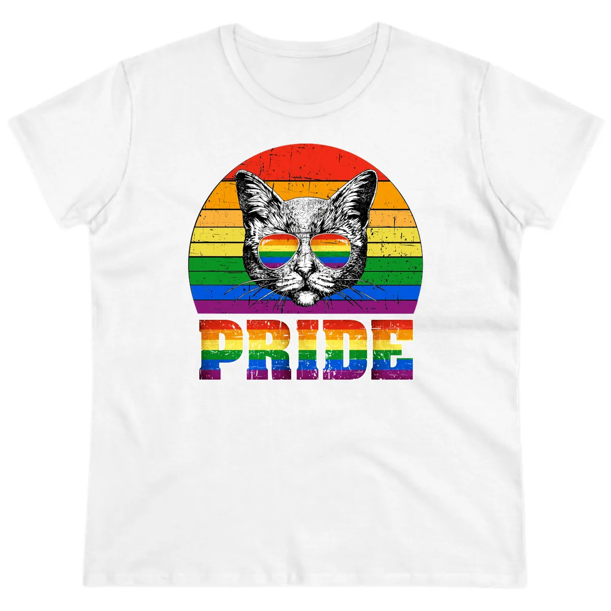 Pride Cat Cool Sunglasses Rainbow Ladies Tee in White