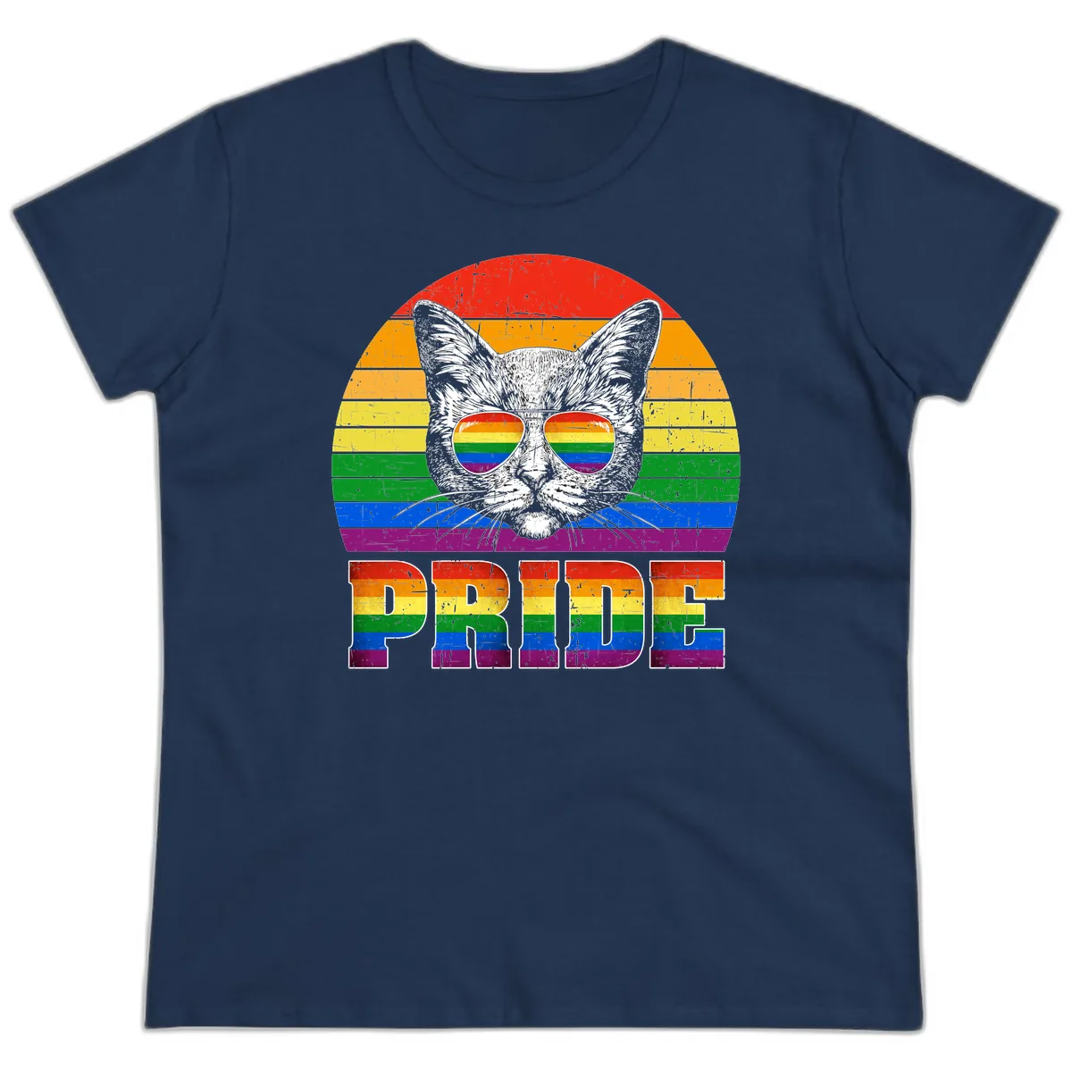 Pride Cat Cool Sunglasses Rainbow Ladies Tee in Navy
