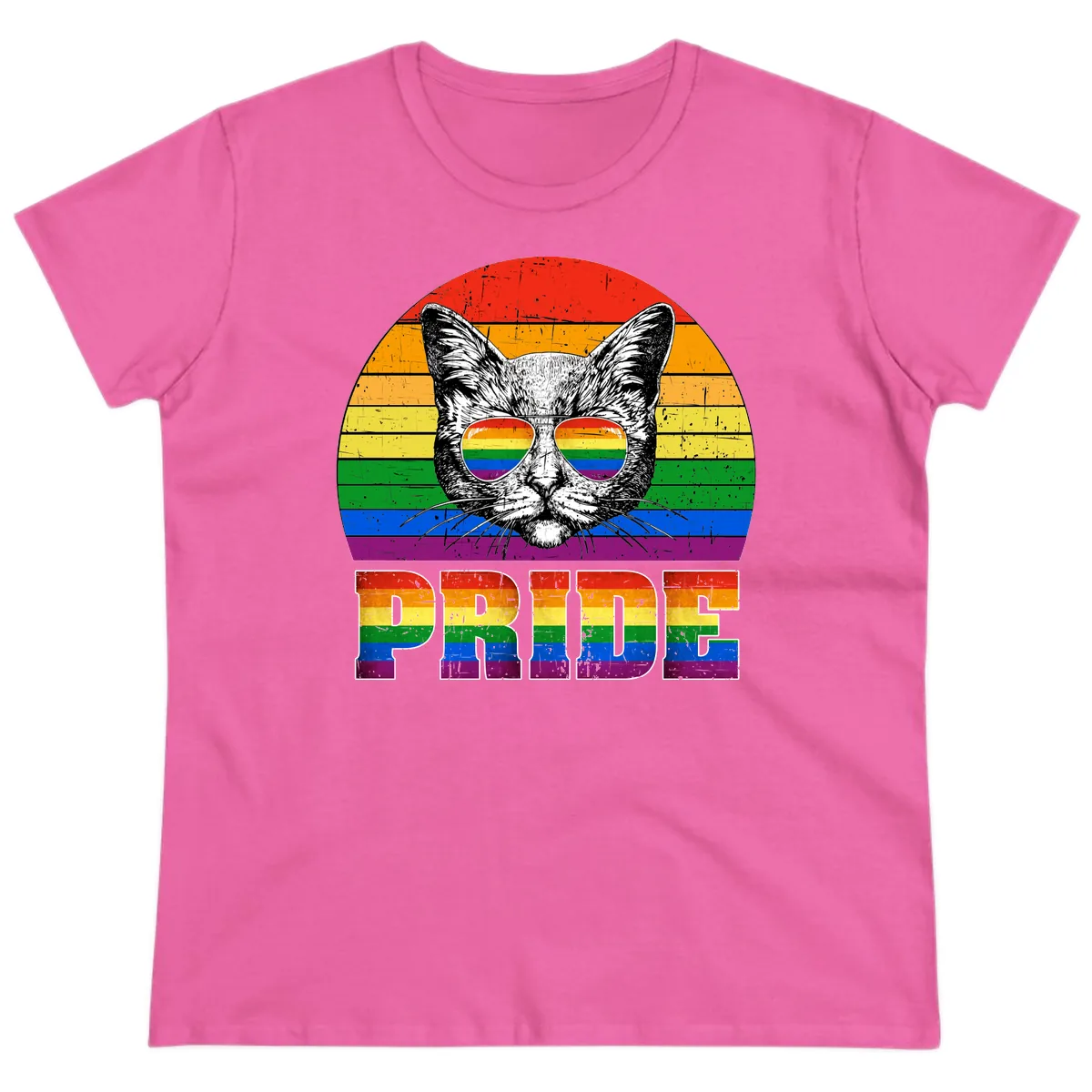Pride Cat Cool Sunglasses Rainbow Ladies Tee in Azalea