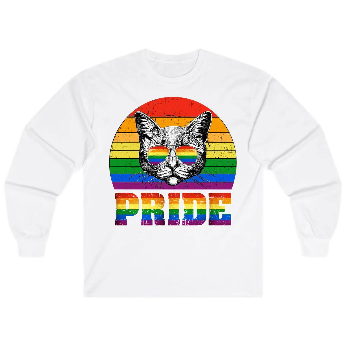 Pride Cat Cool Sunglasses Rainbow Long Sleeve in White