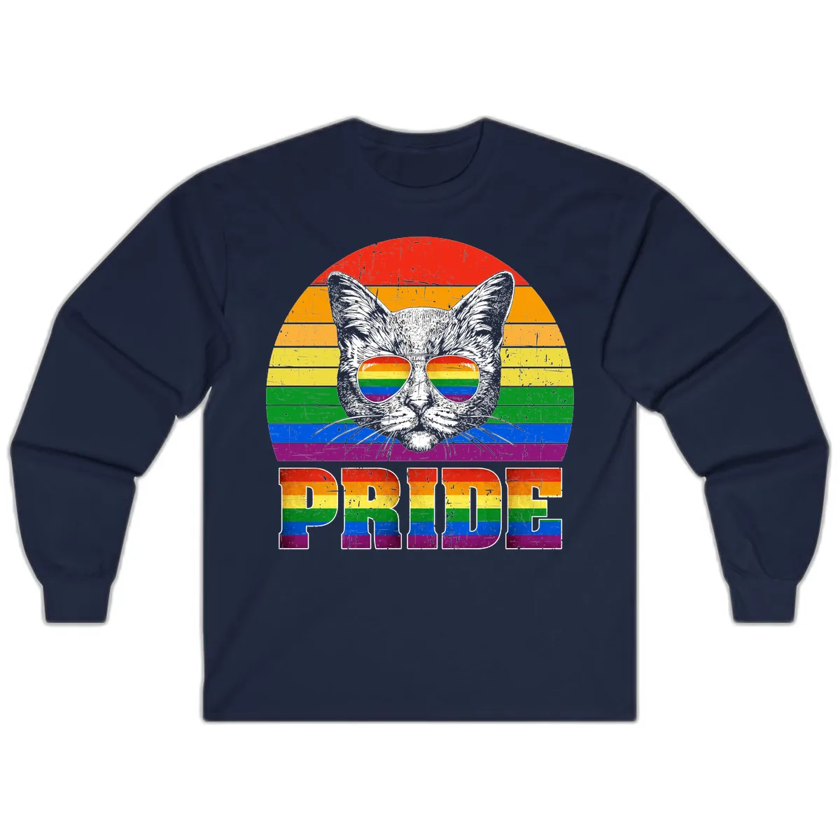 Pride Cat Cool Sunglasses Rainbow Long Sleeve in Navy