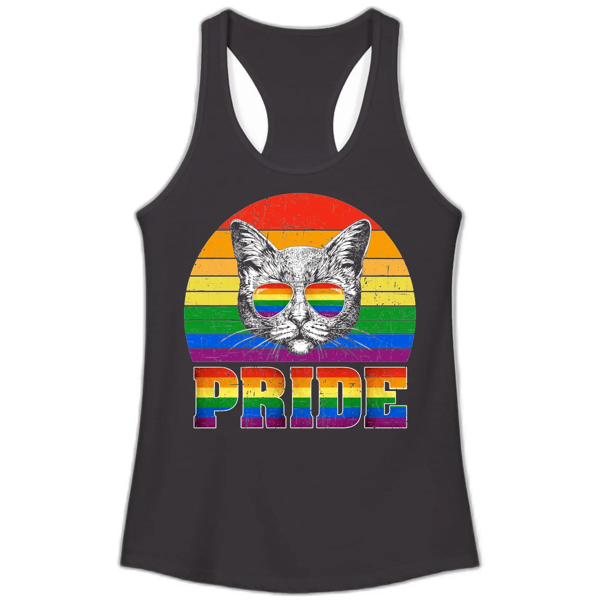 Pride Cat Cool Sunglasses Rainbow Ladies Tank in Black