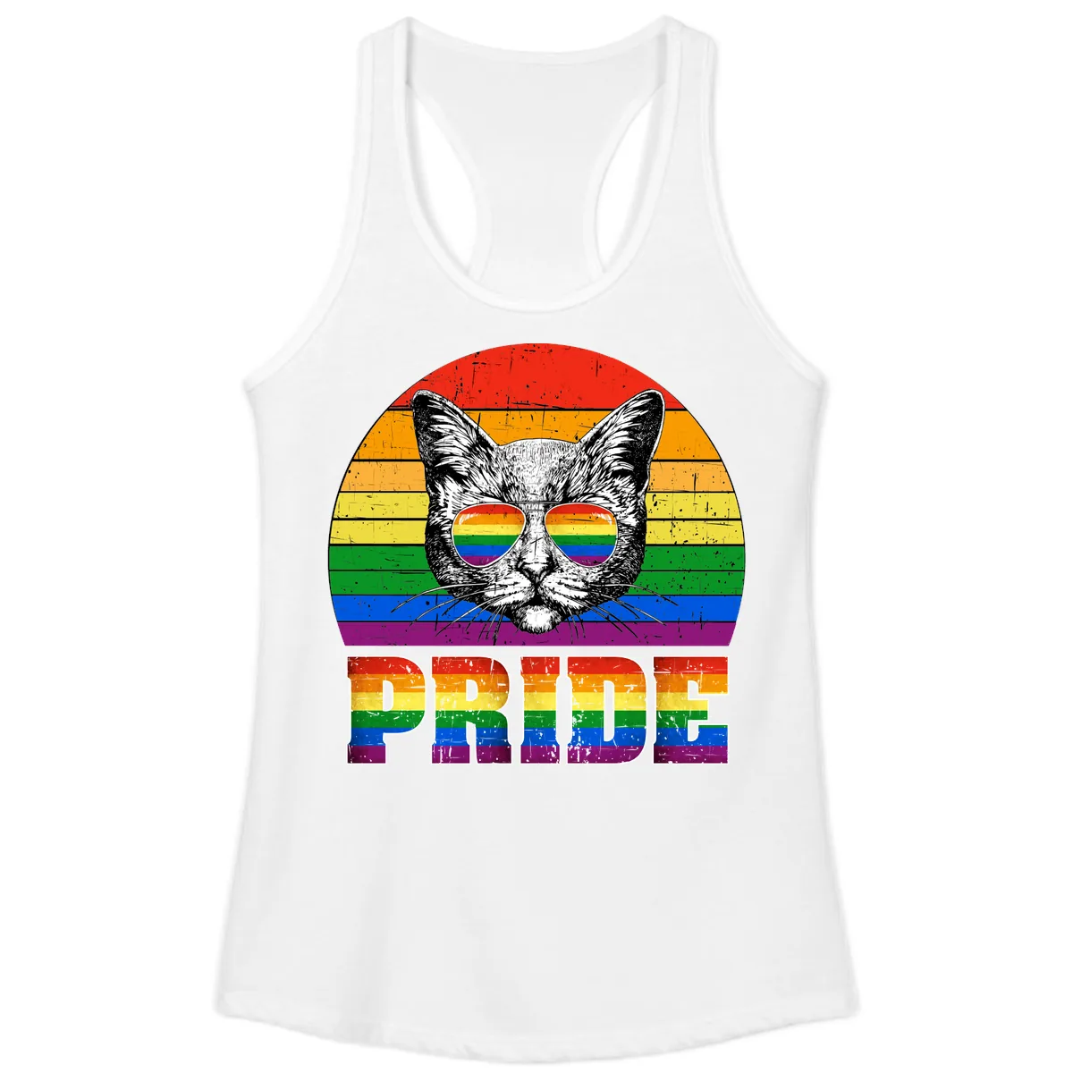 Pride Cat Cool Sunglasses Rainbow Ladies Tank in White