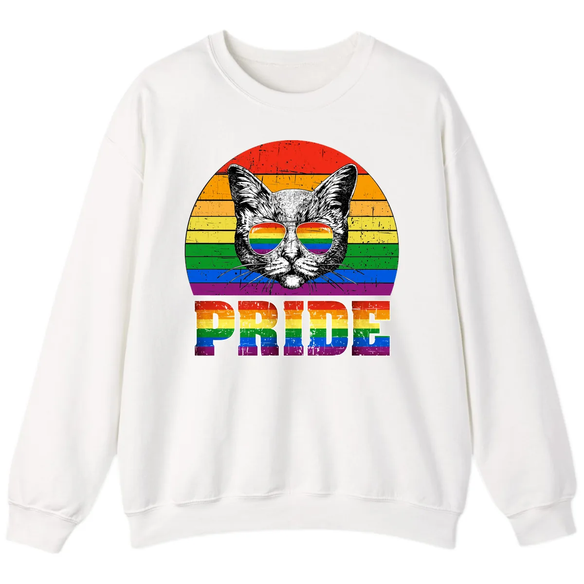 Pride Cat Cool Sunglasses Rainbow Sweatshirt in White