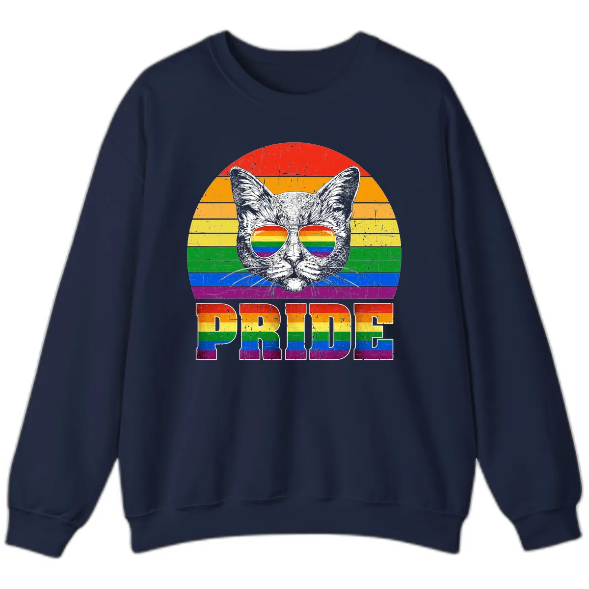 Pride Cat Cool Sunglasses Rainbow Sweatshirt in Navy