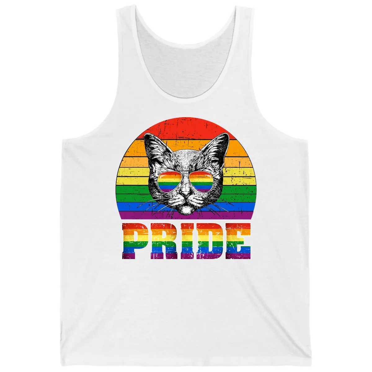 Pride Cat Cool Sunglasses Rainbow Tank in White