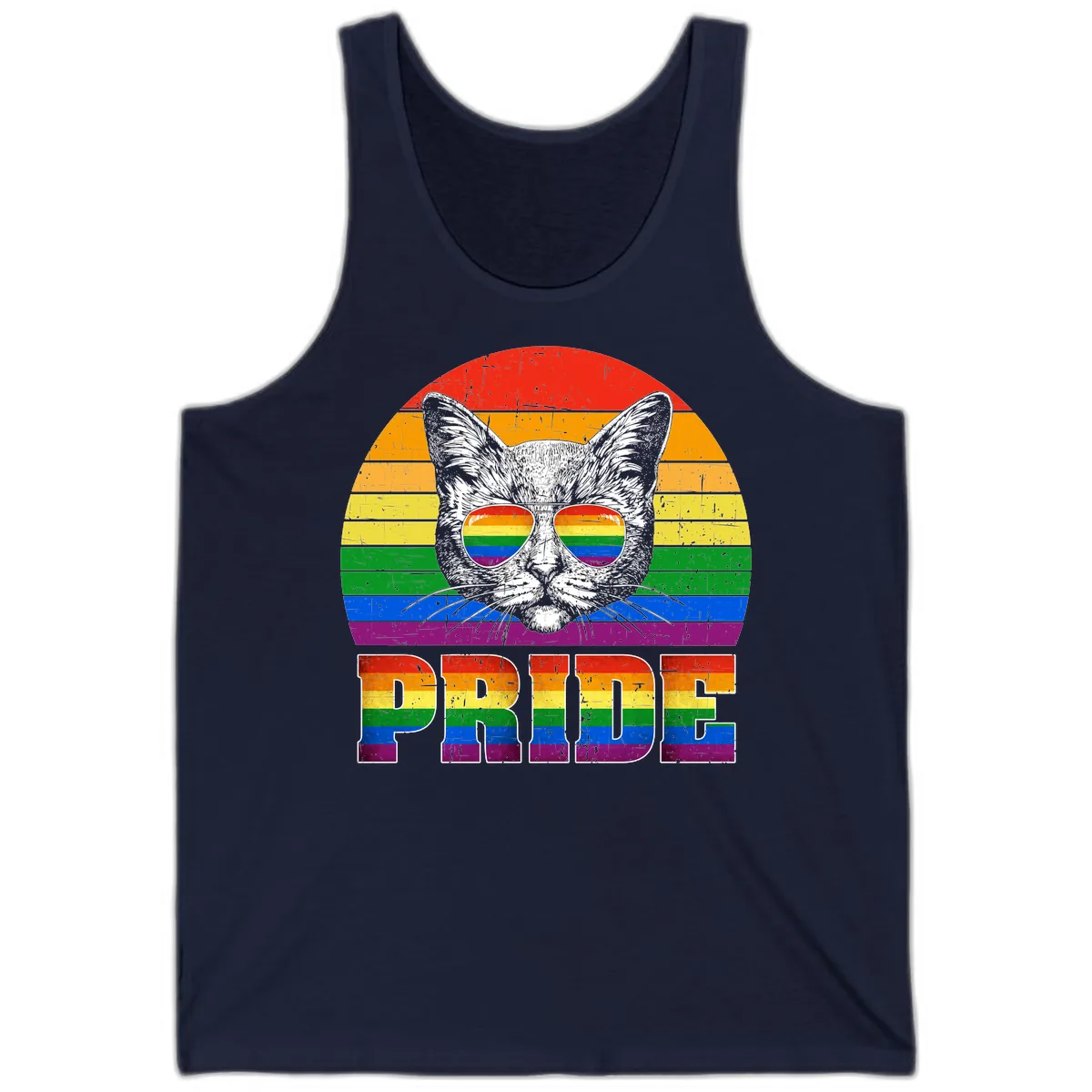 Pride Cat Cool Sunglasses Rainbow Tank in Navy