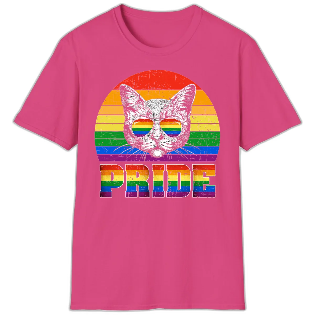 Pride Cat Cool Sunglasses Rainbow T-Shirt in Heliconia