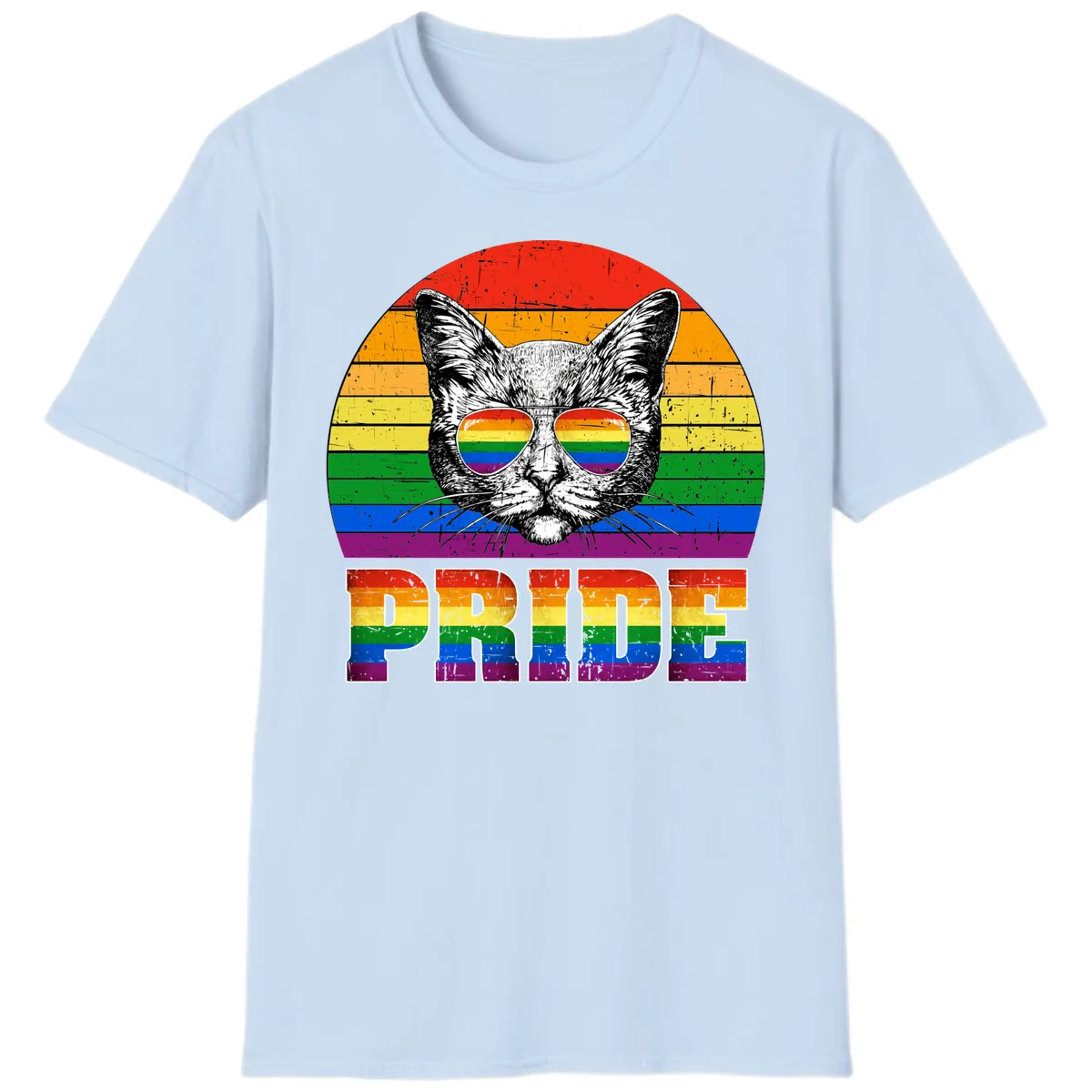 Pride Cat Cool Sunglasses Rainbow T-Shirt in Light Blue