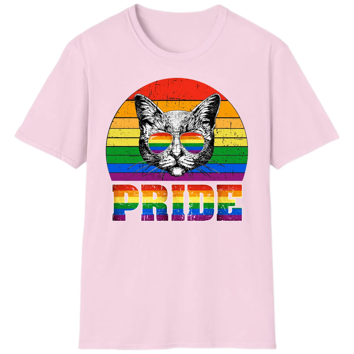 Pride Cat Cool Sunglasses Rainbow T-Shirt in Light Pink