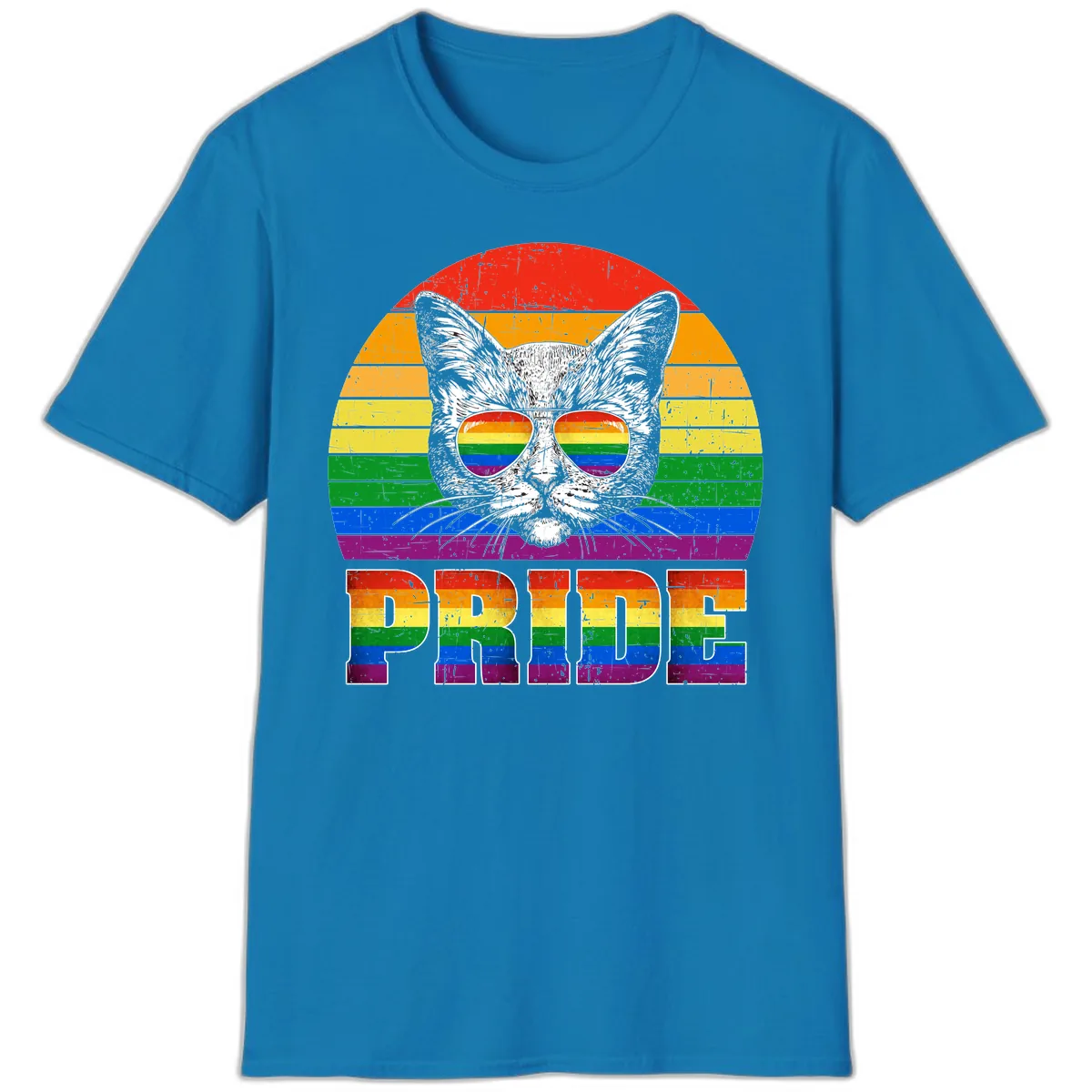 Pride Cat Cool Sunglasses Rainbow T-Shirt in Sapphire