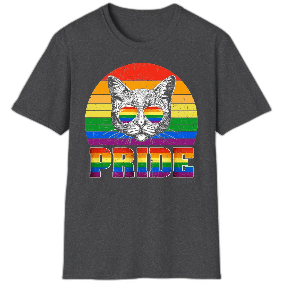Pride Cat Cool Sunglasses Rainbow T-Shirt in Dark Heather