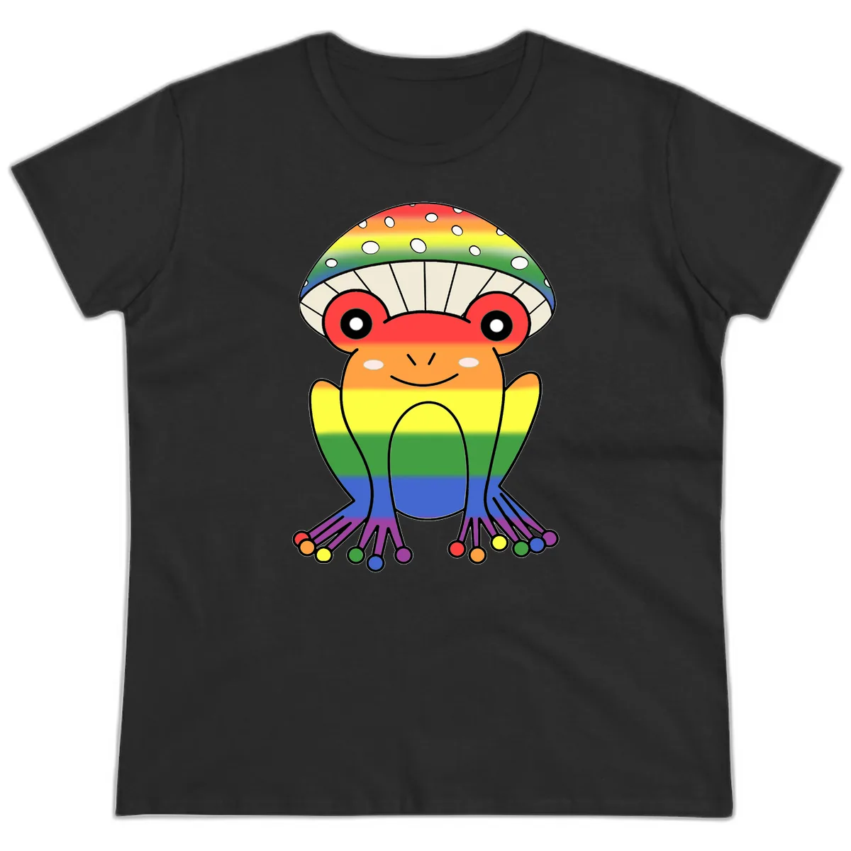 Rainbow Mushroom Pride Character Ladies Tee in Black