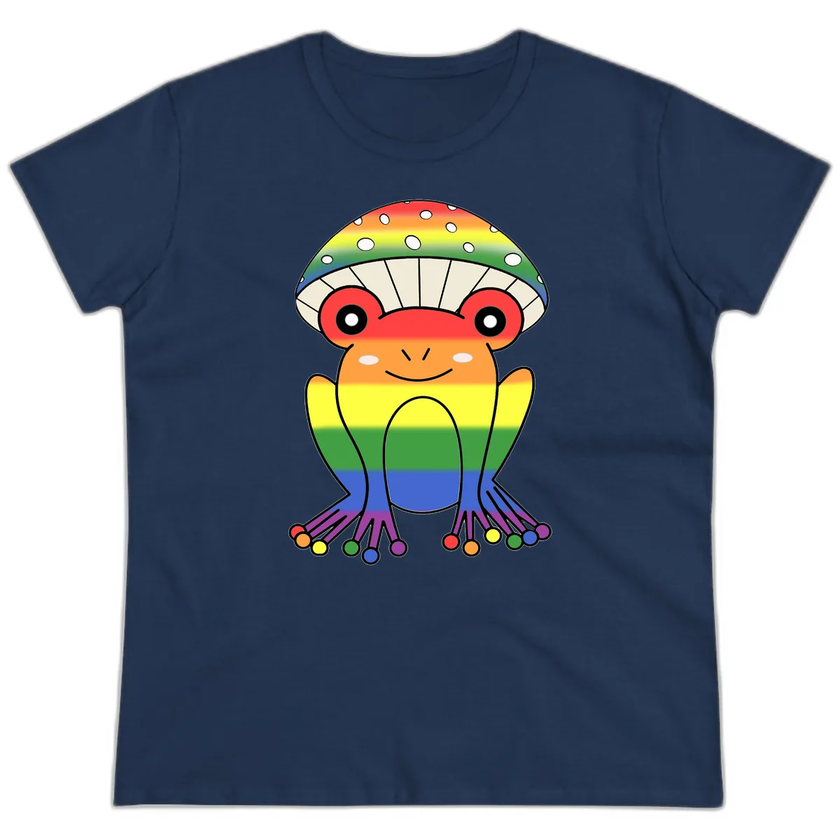 Rainbow Mushroom Pride Character Ladies Tee in Navy
