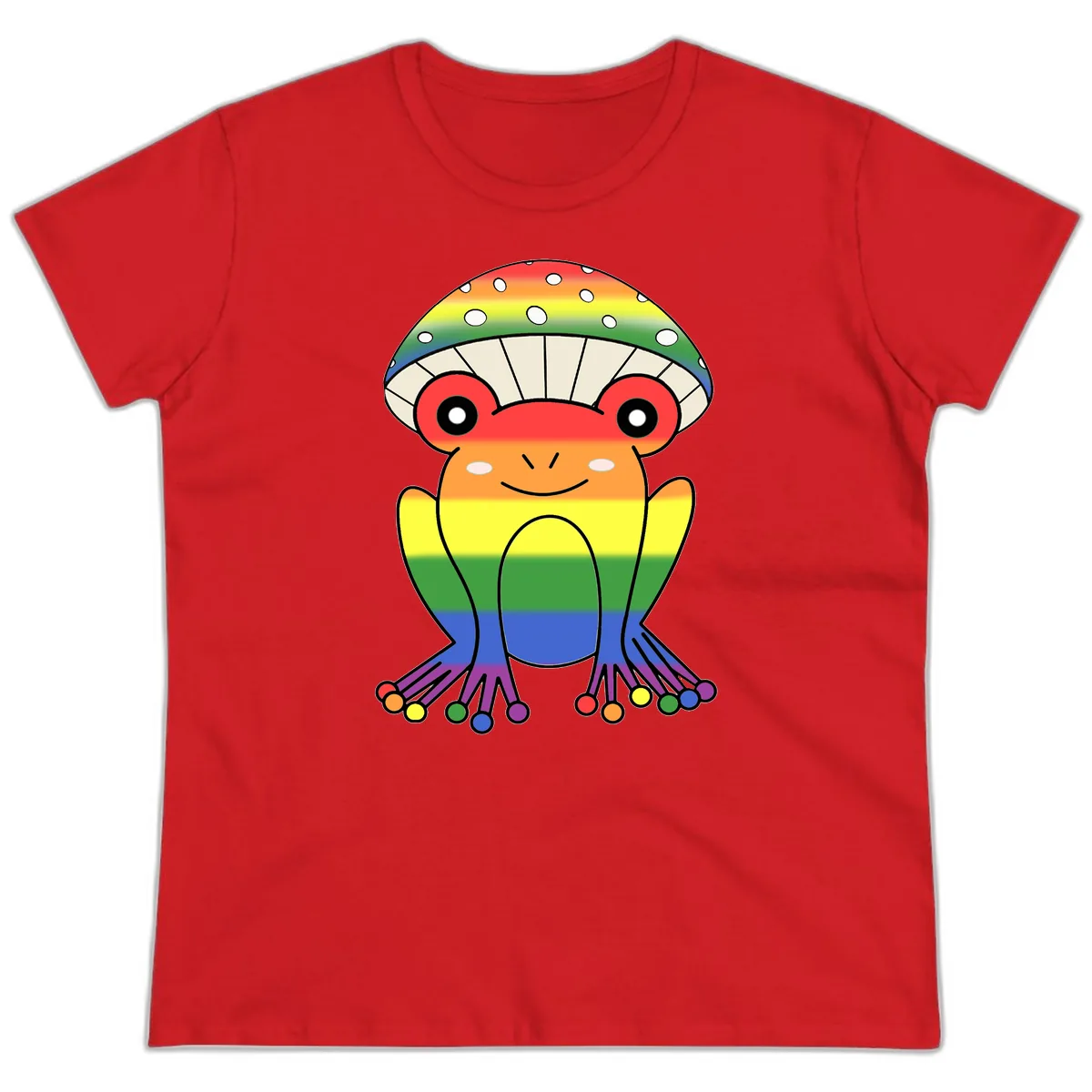Rainbow Mushroom Pride Character Ladies Tee in Red