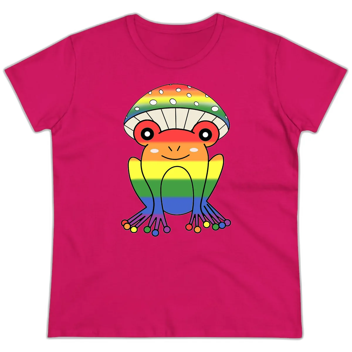 Rainbow Mushroom Pride Character Ladies Tee in Heliconia