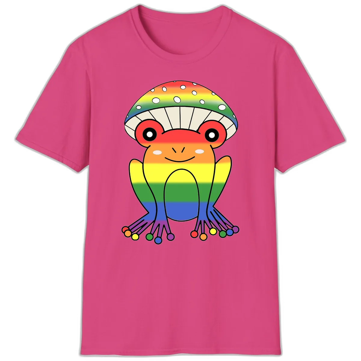 Rainbow Mushroom Pride Character T-Shirt in Heliconia