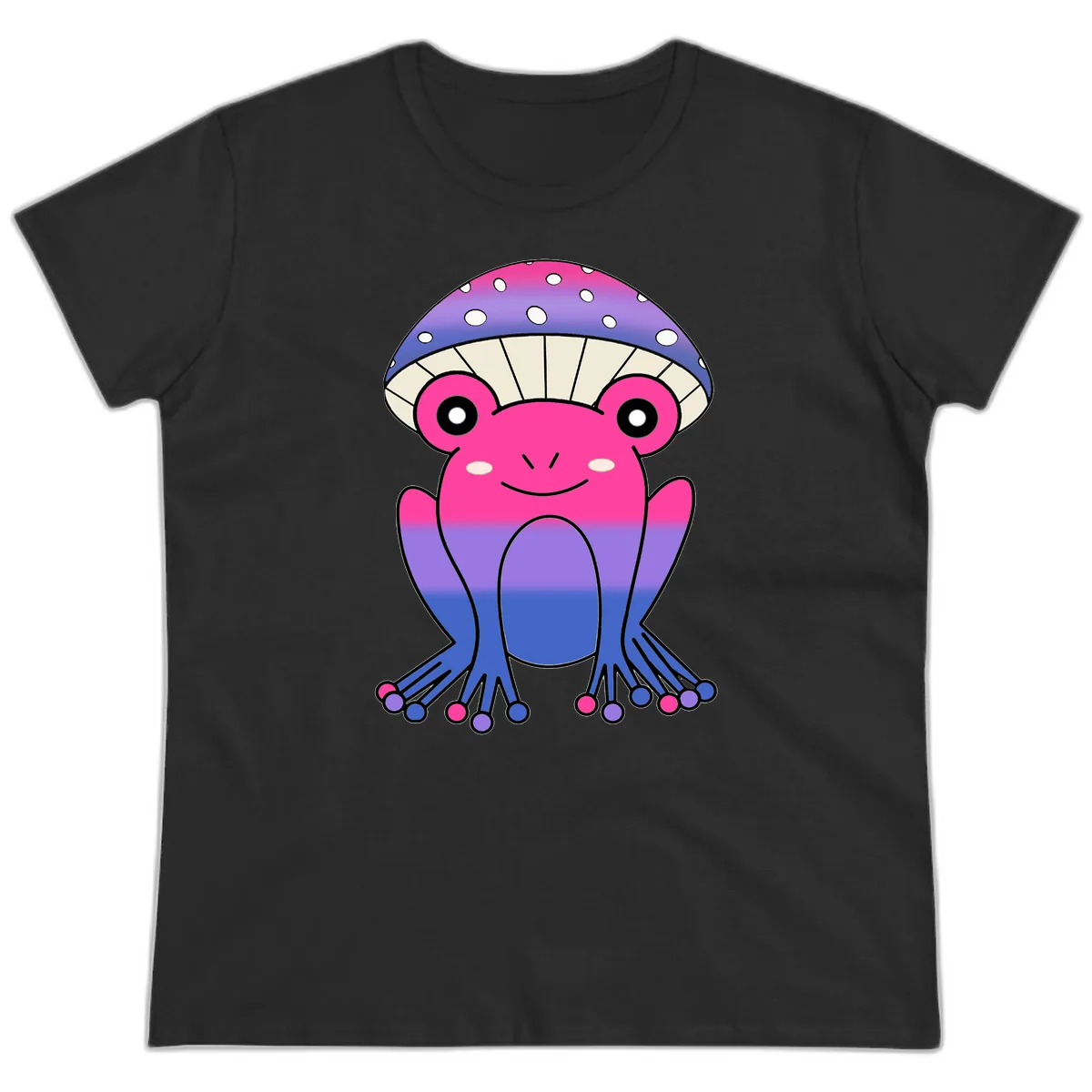 Rainbow Mushroom Frog With Umbrella Cap Ladies Tee in Black
