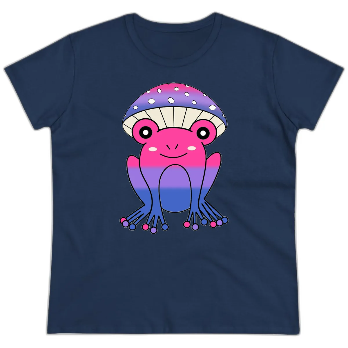 Rainbow Mushroom Frog With Umbrella Cap Ladies Tee in Navy