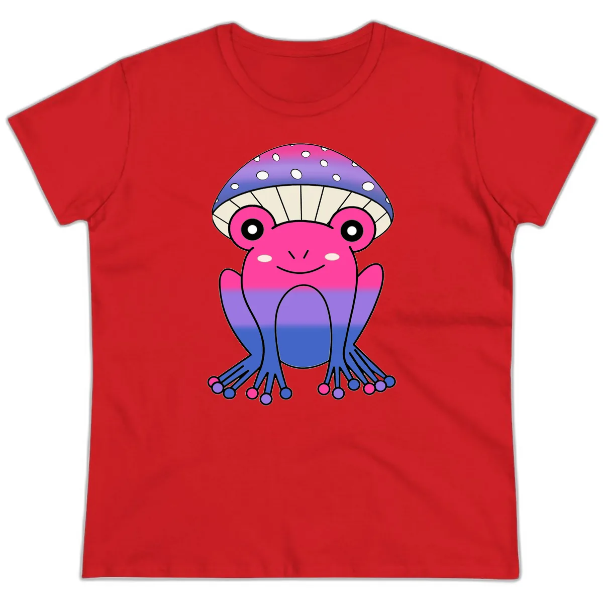 Rainbow Mushroom Frog With Umbrella Cap Ladies Tee in Red