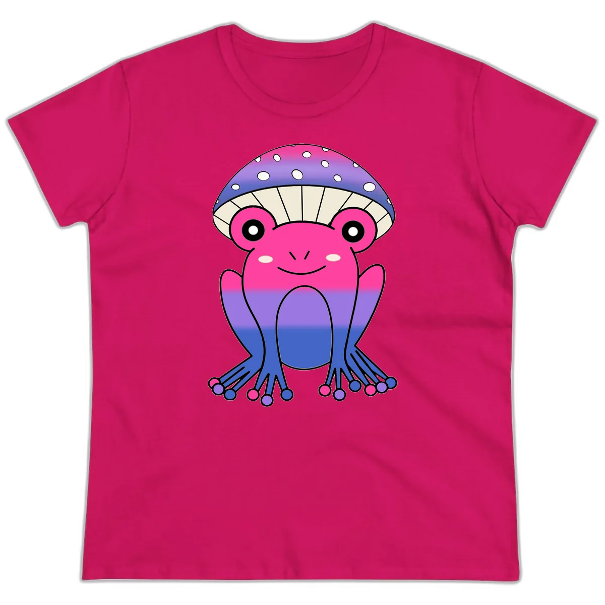 Rainbow Mushroom Frog With Umbrella Cap Ladies Tee in Heliconia