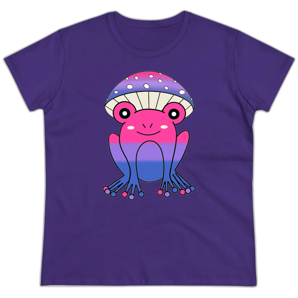 Rainbow Mushroom Frog With Umbrella Cap Ladies Tee in Purple
