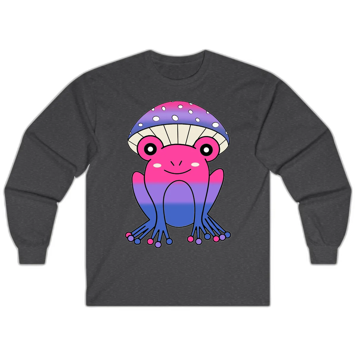 Rainbow Mushroom Frog With Umbrella Cap Long Sleeve in Dark Heather