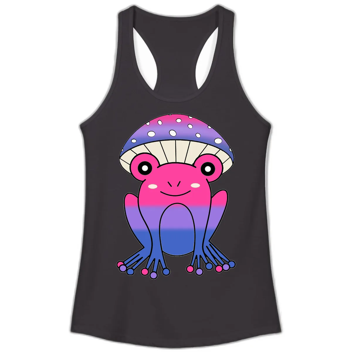 Rainbow Mushroom Frog With Umbrella Cap Ladies Tank in Black