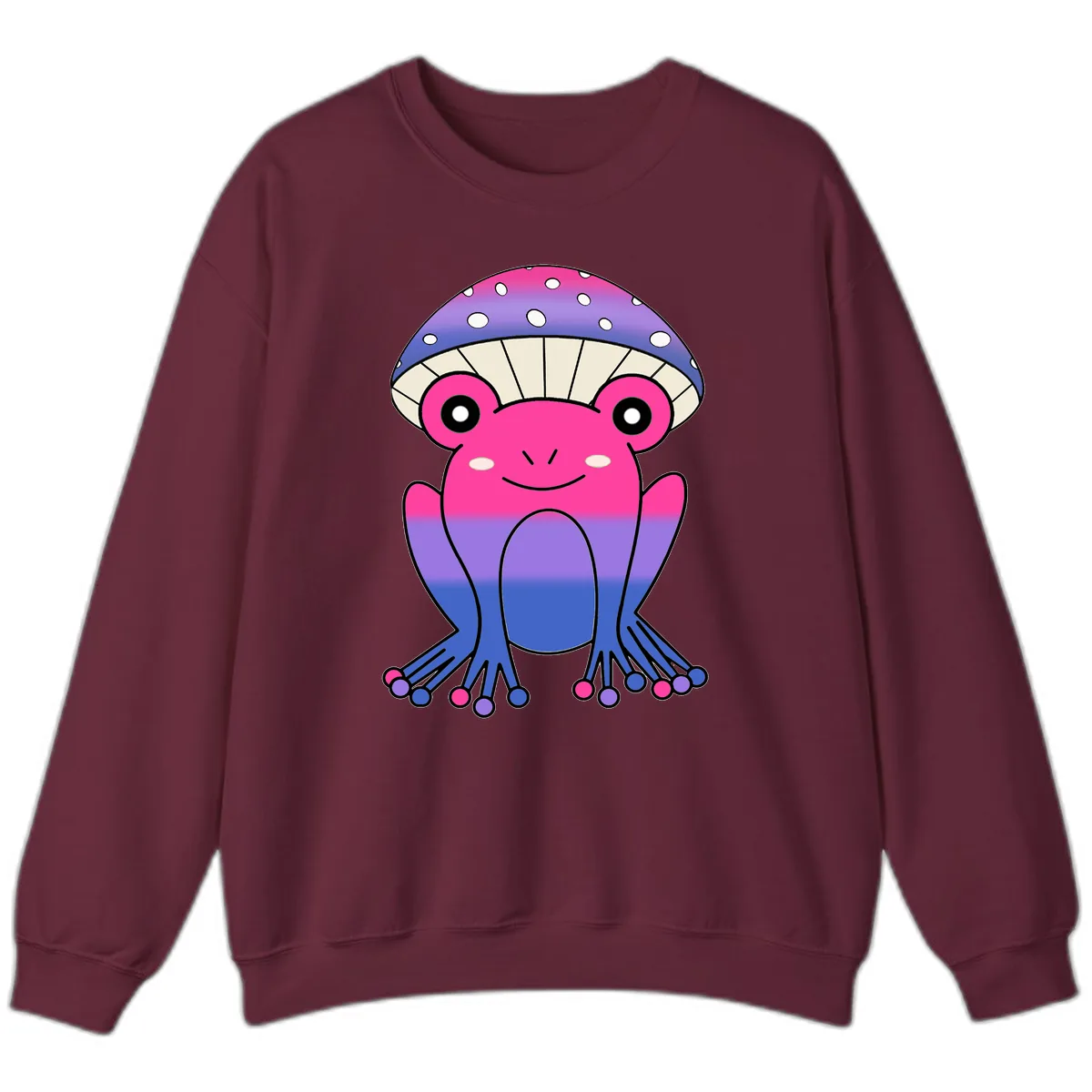 Rainbow Mushroom Frog With Umbrella Cap Sweatshirt in Maroon