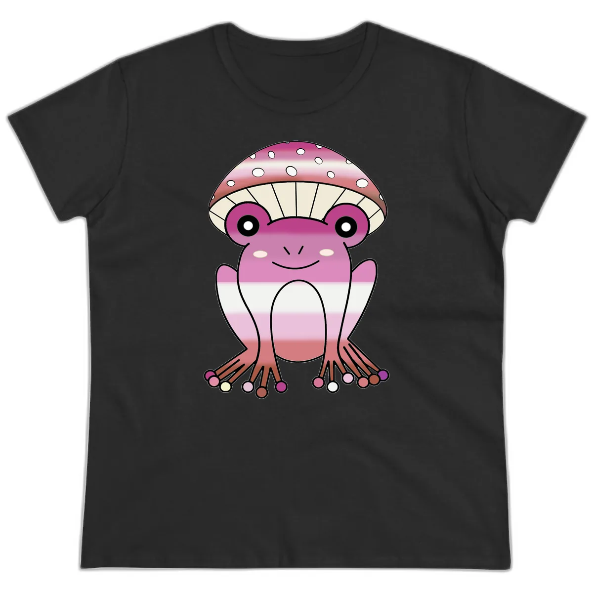 Cute Pink Mushroom Toad Character Ladies Tee in Black